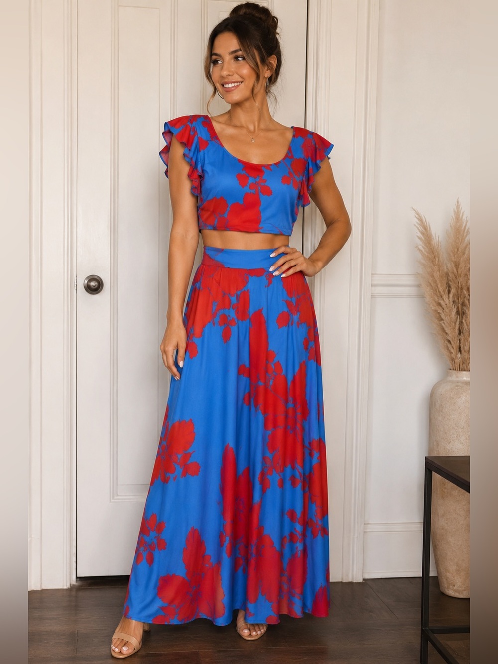 Blue Red Floral Crop Top Maxi Skirt 2 Piece Matching Set Size Large